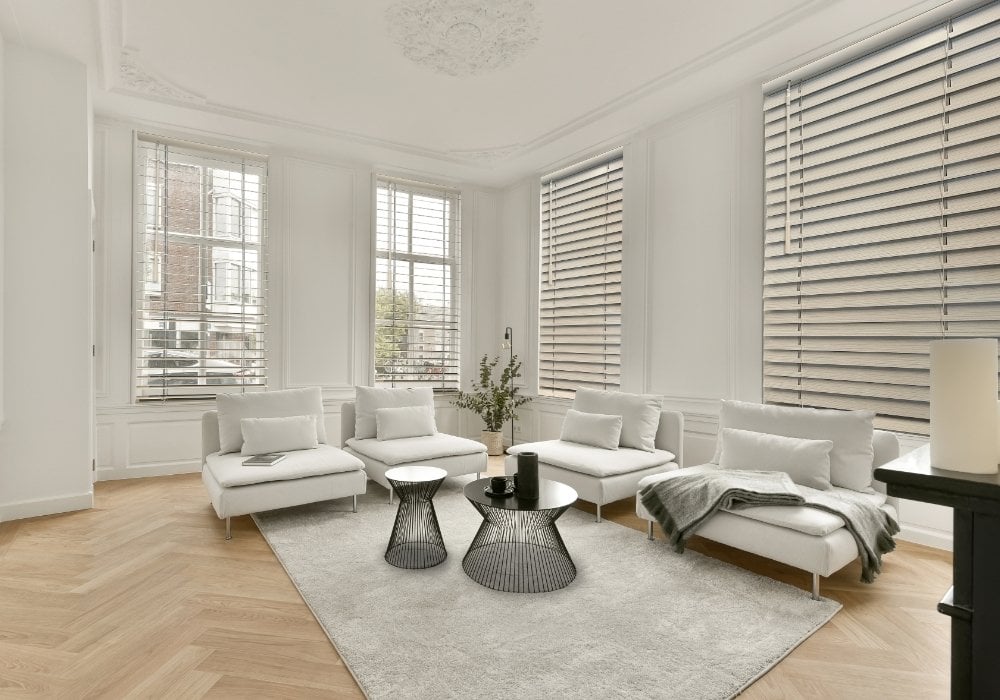Faux Wood Blinds in a Living Room
