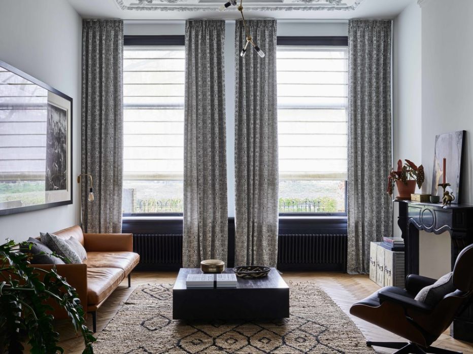 Roman Shades and Drapes in Living Room