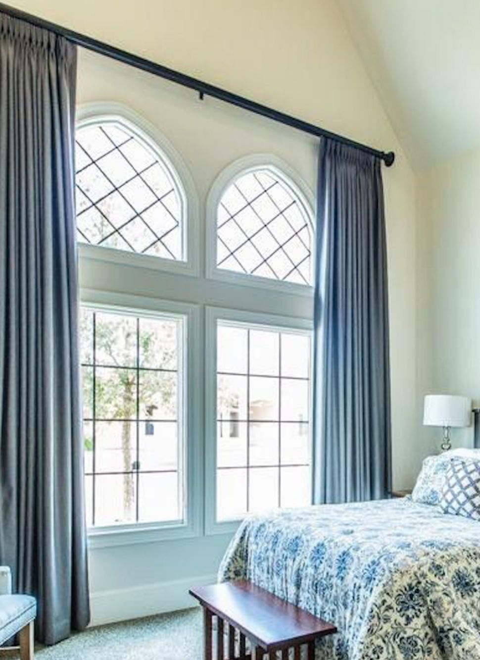 Motorized Drapes Over Gothic Windows
